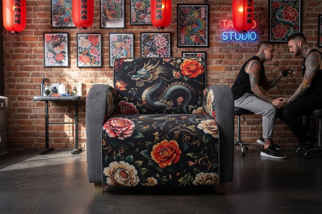 Poltrona RYUJIN em estúdio de tatuagem com letreiro neon Tattoo Studio